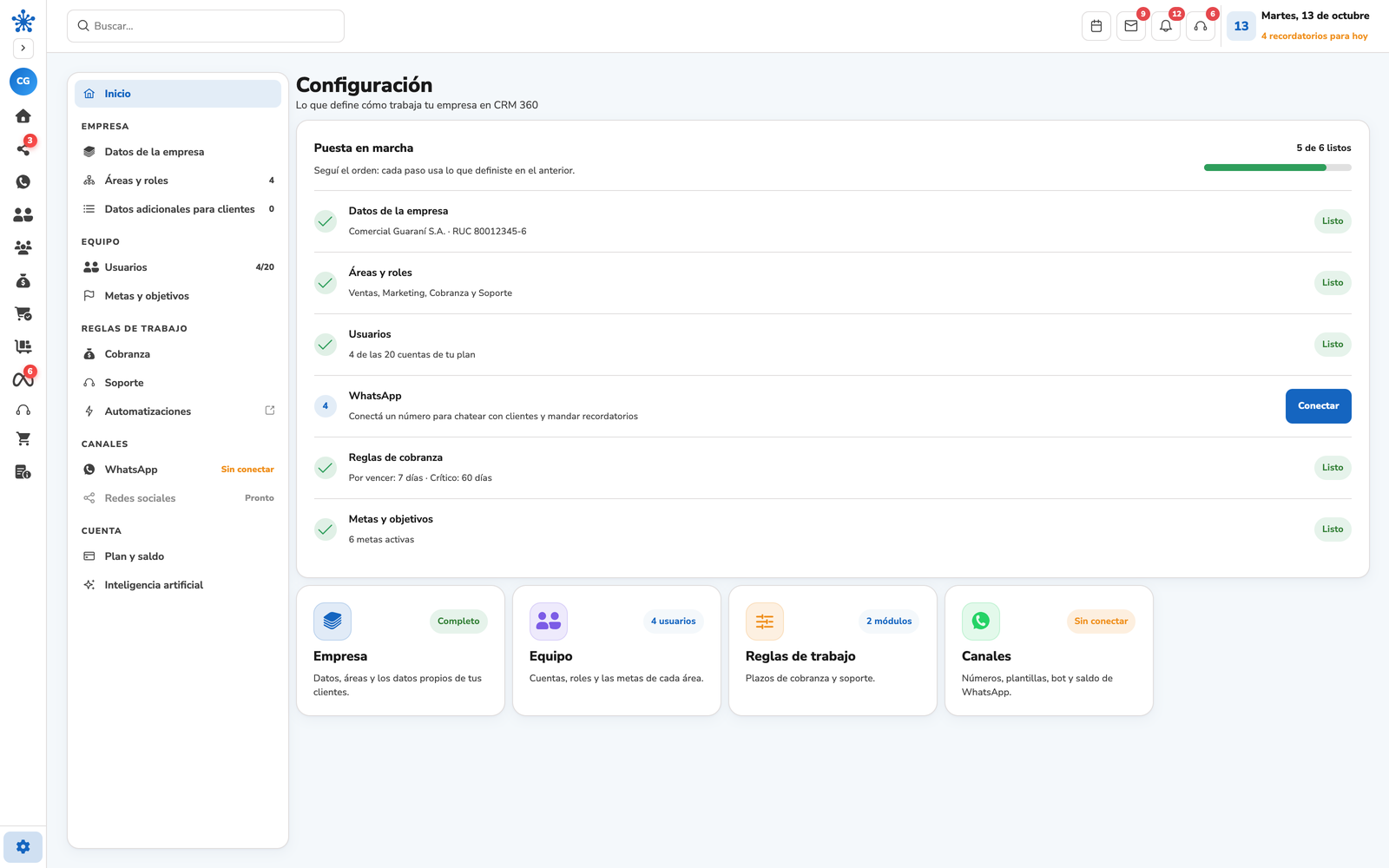 Pantalla de configuración con áreas, roles y reglas de trabajo.